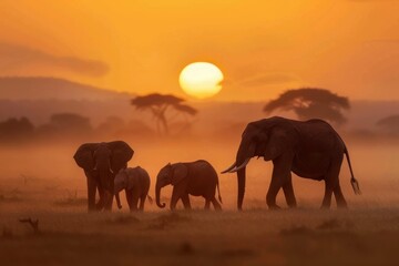 Fototapeta premium Elephants walking at sunset in the savanna of amboseli national park