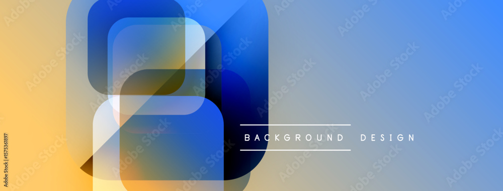 Poster abstract geometric shapes blend, creating vibrant gradient banner. modern design utilizes overlappin