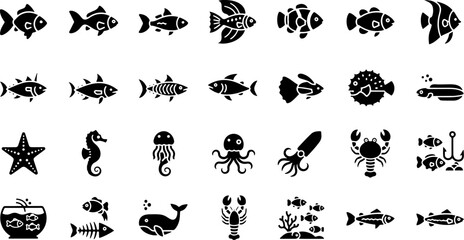 Collection of diverse marine life and aquatic creatures depicted as simple black silhouettes on a white background