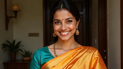 A beautiful Maharashtrian woman in a traditional nauvari saree smiles at the camera, showcasing her nose ring and bindi in stunning 4k footage. - Powered by Adobe