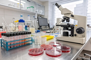 The photo shows a laboratory work area with various laboratory supplies including test tubes, petri dishes and a microscope.