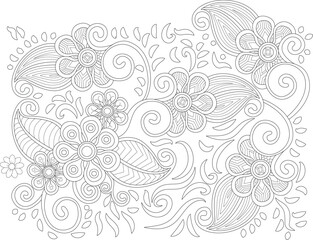 Detailed Hand-drawn Paisley Outline Pattern with Decorative Flowers and Swirls, Ideal for Coloring or Textile Design Backgrounds