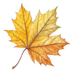 Obraz premium Detailed watercolor illustration of a single yellow orange maple leaf with visible veins and stem on a white background
