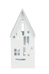White metal house with a pointed roof decorated for Christmas cut out isolated transparent background