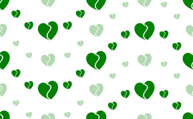 Seamless pattern of large and small green two halves of a heart symbols. The elements are arranged in a wavy. Illustration on light green background