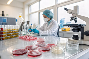 a laboratory setting is depicted with a scientist working in the background. The foreground features various laboratory equipment, such as petri dishes with culture media, a microscope, and test tubes