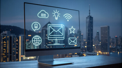 The image shows a computer monitor with glowing symbols representing email, cloud storage and other communication tools superimposed on it, against the backdrop of a night-time metropolis.