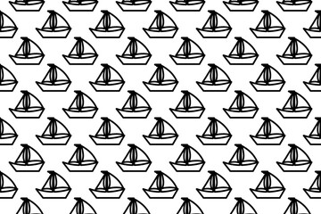Seamless pattern completely filled with outlines of sailing boat symbols. Elements are evenly spaced. Illustration on transparent background