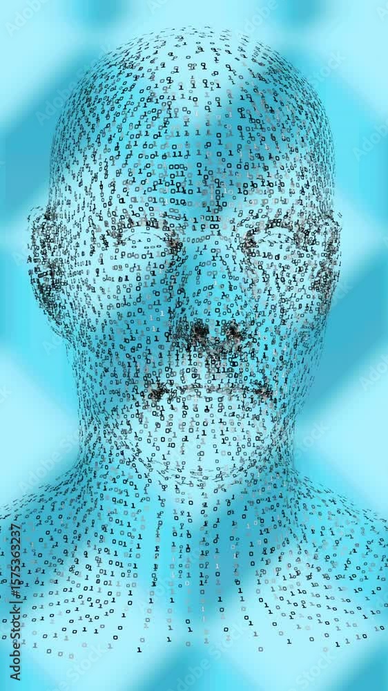 Poster animation of human head formed with binary coding spinning over patterned blue background