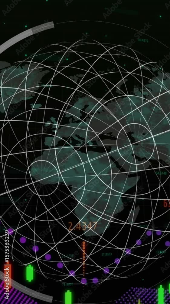 Poster Animation of data processing with graph over world map and globe