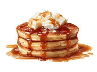 Delicious buttery syrup stack of pancakes breakfast treat, On Transparent Background, Png