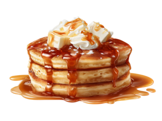 Delicious buttery syrup stack of pancakes breakfast treat, On Transparent Background, Png