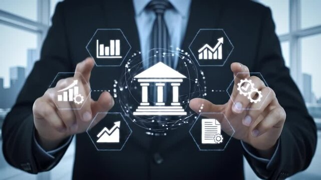 Businessman Holding Digital Legal and Financial Compliance Icons in Office
