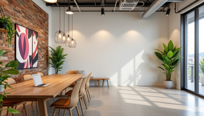Modern coworking space features spacious wooden table, stylish chairs, and large windows allowing natural light. brick wall adds warmth, complemented by greenery and contemporary decor