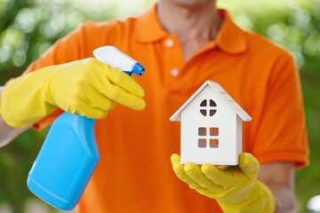 Man in Orange Shirt Cleaning Toy House with Spray Bottle