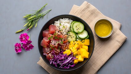 Delicious Tuna Poke Bowl with Fresh Mango and Cucumber Accents
