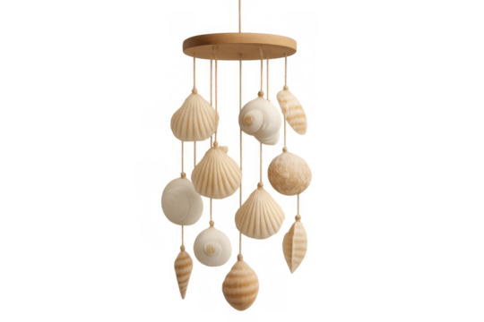 Seashell wind chime featuring various shells hanging from strings, set against a transparent background, perfect for coastal-themed decor