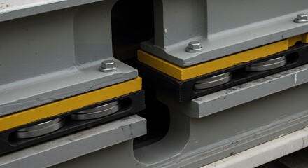 Industrial machinery equipment close up view with bolts rollers and metal structure elements detail shot