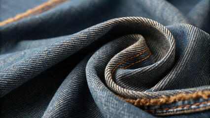 Close up of blue denim fabric with textured weave and frayed edges textile