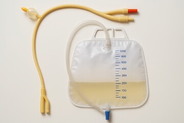 Medical urine drainage bag with catheter tube on white background. Hospital urology equipment concept used for urinary care, monitoring, and fluid measurement