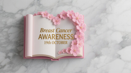 The heart-shaped pink flowers and words on the books represent breast cancer cognitive science popularization, and are used for knowledge lectures and campus health promotion scenes.