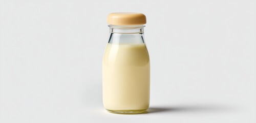 A glass bottle filled with a creamy liquid and a light brown lid on a plain white background scene