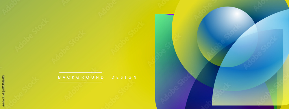 Poster abstract geometric shapes overlap, creating vibrant color gradients. yellow background contrasts wit