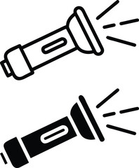 Flashlight Icon Set – Black and White Torch Light Beam Vector Illustration