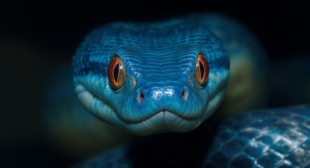 Fototapeta premium Intense gaze of a blue snake with striking orange eyes in darkness.