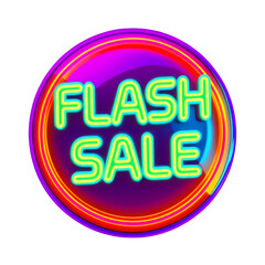 A vibrant neon flash sale sign glows in a circular shape, isolated on transparent background