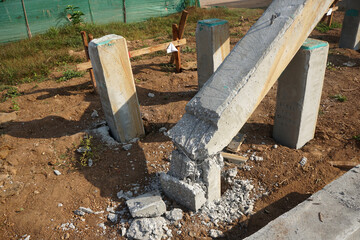 ฺBroken prestressed concrete square pile. Errors or problems that occur during pile driving.     