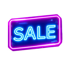A blue and purple neon sale sign glows brightly, isolated on transparent background