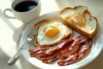 Homemade American breakfast. Fried eggs with bacon and toast, a cup of coffee and a fork on a white table. Healthy breakfast. The concept of healthy eating. Morning sunlight