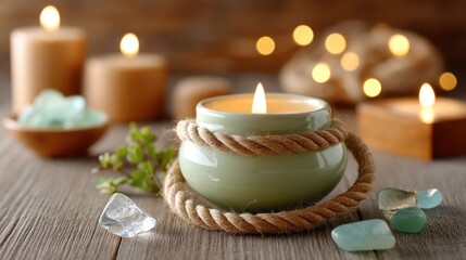 Ceramic cosmetic jar on raw hemp rope with sea glass shards and ambient candlelight flicker, artisanal wellness scene