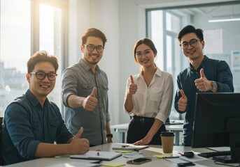 business team celebrating with thumbs up in bright modern office