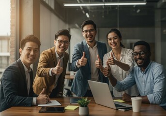 business team celebrating with thumbs up in bright modern office