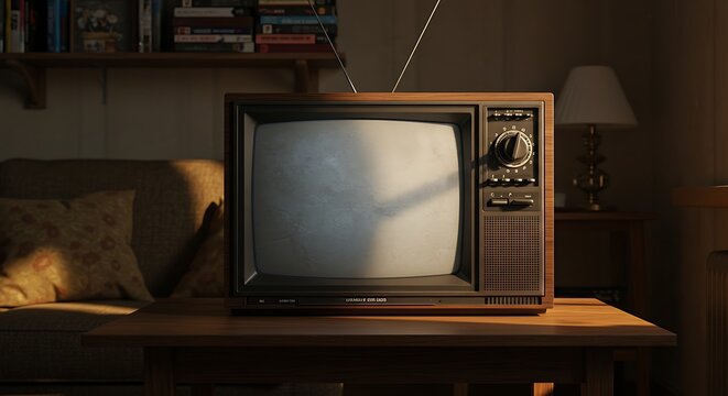 A vintage television set sits on a table, illuminated by warm light within a cozy room. - Powered by Adobe