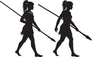 Obraz premium Cave Woman Hunter Holding Spear Cartoon silhouette
