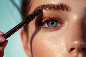 Eyebrow shadow application, eyebrow makeup, close-up of the eyes. Face of female model of European appearance with fashionable makeup, beauty concept. Blue Background