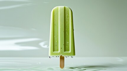 Delicious pistachio popsicle with creamy green color and subtle texture, presented on white for frozen treat ads.