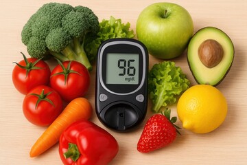 Digital glucose meter surrounded by fresh fruits and vegetables on wooden table. Concept of diabetes control, healthy eating, and blood sugar monitoring