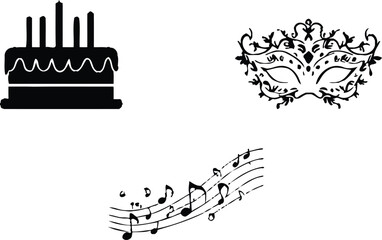Birthday Music & Mask Celebration Doodle Poster Featuring Trio of Whimsical Silhouette Icons — Includes Five-Candle Cake, Festive Masquerade Mask with Ornamental Floral Accents, and Musical Staff