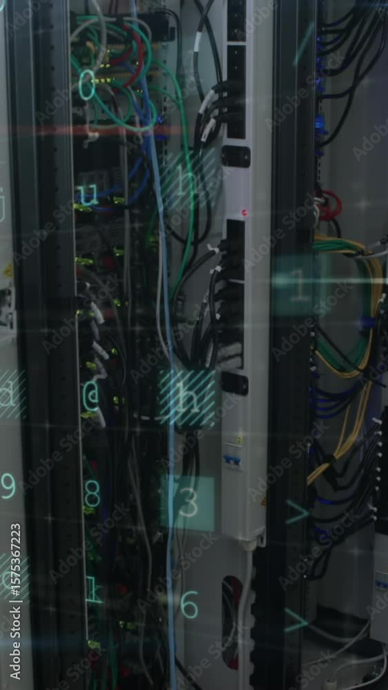 Poster animation of data processing with cyber attack warning over technician and computer servers