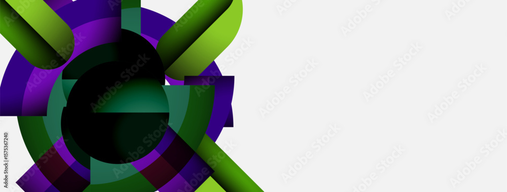 Poster abstract design features swirling purple, green shapes. center contains dark void, creating dynamic 