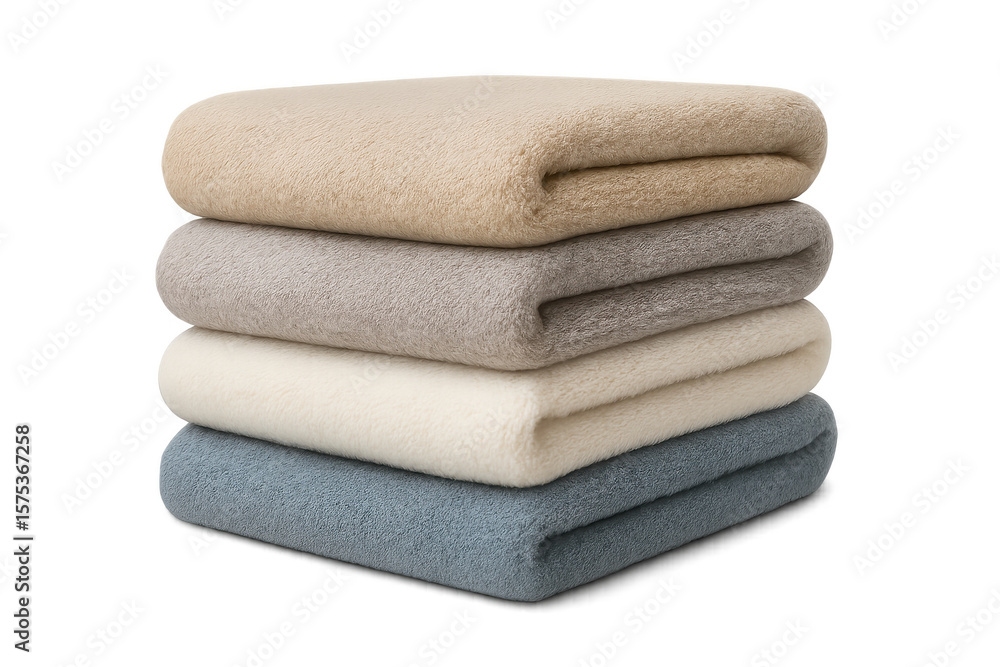 Poster soft blankets neatly folded in stack, presenting layers of comfort and warmth against clean transpar