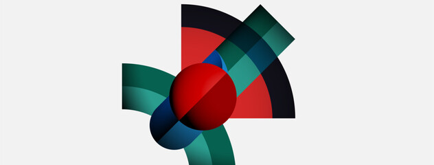 Abstract geometric design. Red sphere intersects curved segments. Teal, navy, crimson colors dominate white background. Modern composition.