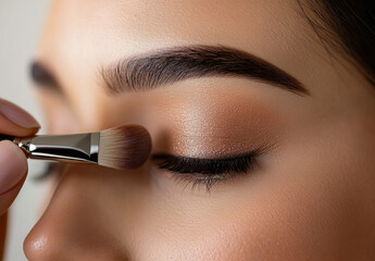 Makeup. Make-up. Eyeshadows. Eye shadow brush. A European-looking girl applies eye shadow to her eyelids. The concept of beauty. Self-care