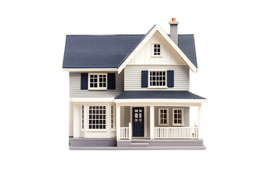 Model of a charming two story house with gray siding and a white trim.