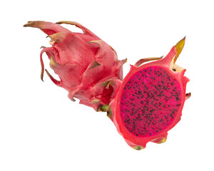 Whole and sliced red fleshed dragon fruit Isolated on transparent background
