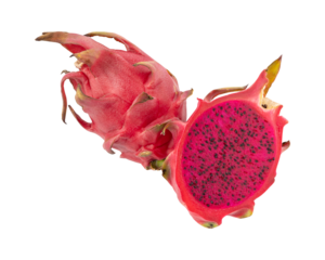 Whole and sliced red fleshed dragon fruit Isolated on transparent background